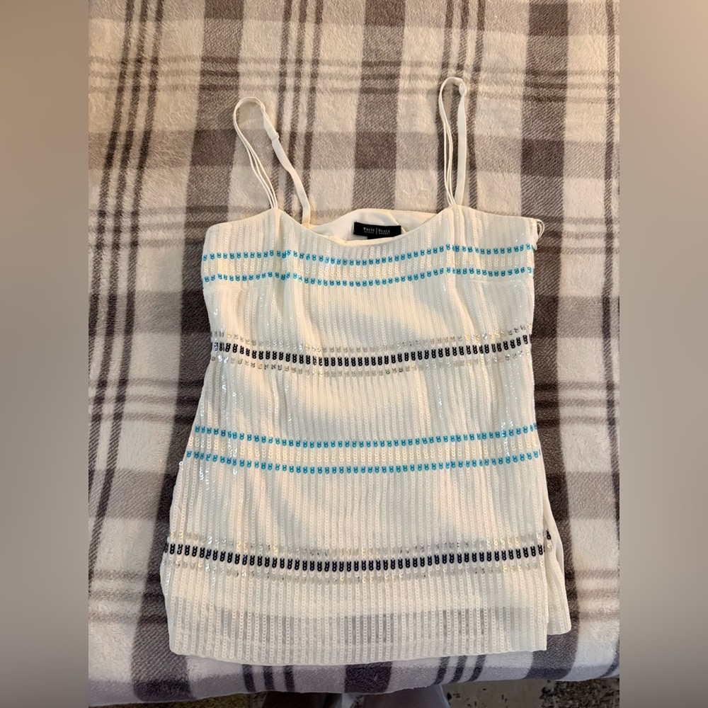 White House Black Market White Sequin Camisole with Blue & Black Stripes XS